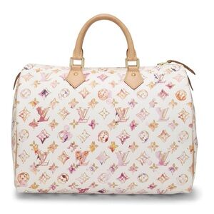 Louis Vuitton White Multicolor Monogram Speedy Satchel with Tan Handles